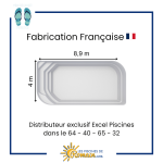 Piscine coque polyester CONCERTO 89 - Rectangulaire 8,90m x 4,00m - Fond plat - Profondeur 1,50m - Livraison dans les départements 32 (Gers), 40 (Landes), 64 (Pyrénées-Atlantiques), 65 (Haute